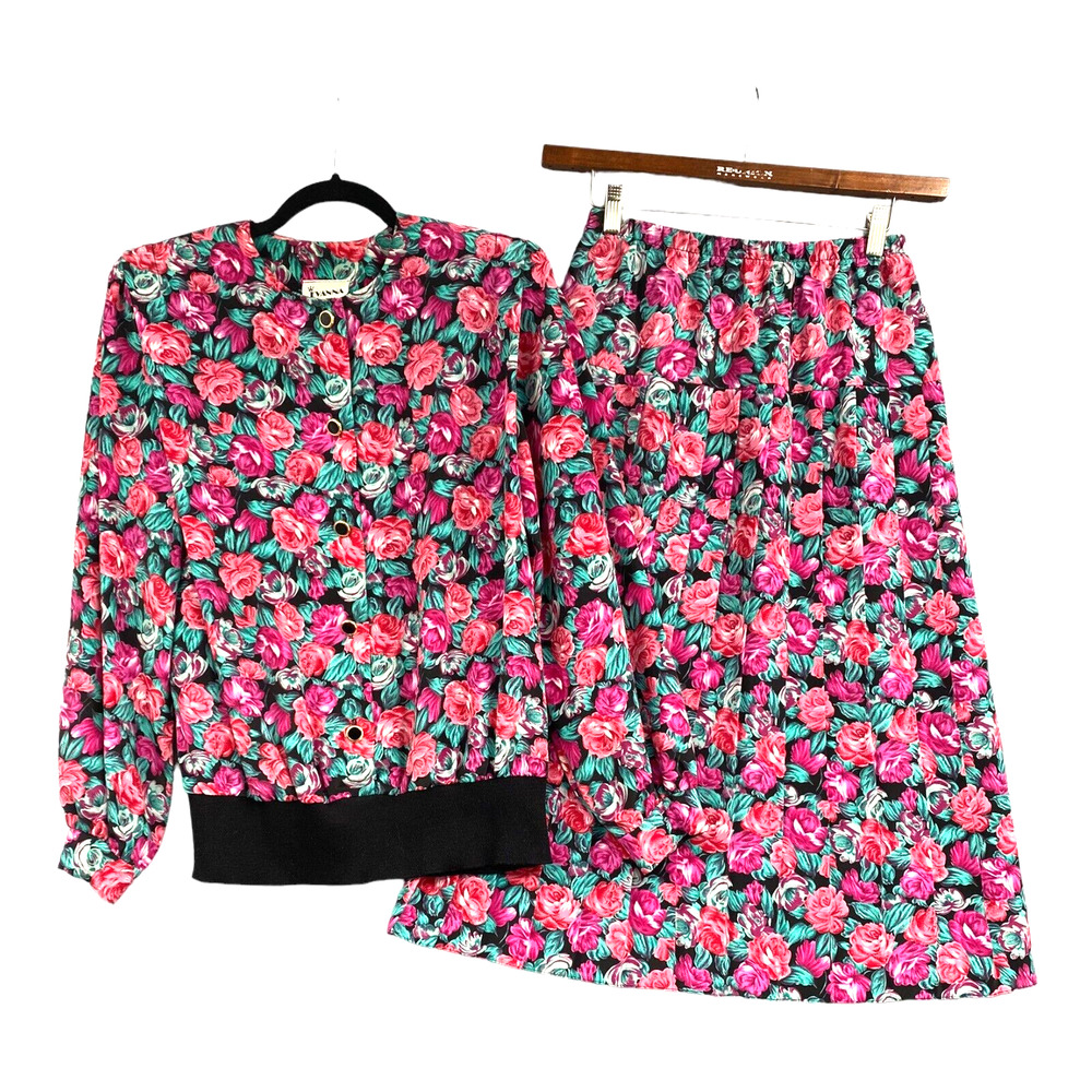 VTG 80s Floral Pullover Top & Midi Skirt Set Size 10 Pink Rose Cottagecore USA